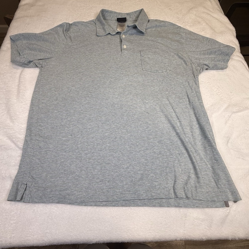 Patagonia Men's Large Organic Cotton Polo Shirt Striped Grey Blue Pocket S/S L